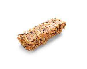 Tasty granola bar on white background