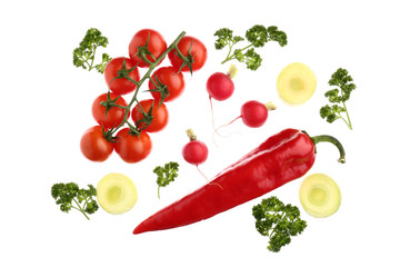 Different vegetables and parsley on white background