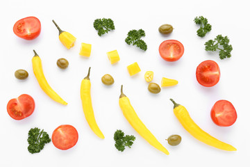Different vegetables and parsley on white background