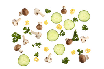 Different vegetables, mushrooms and parsley on white background