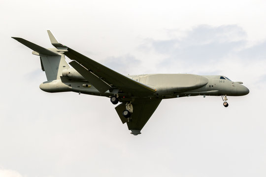 GILZE-RIJEN, NETHERLANDS - MAY 30, 2018: Italian Air Force Gulfstream G550 AEW/C (Airborne Early Warning and Control) aircraft arriving at Gilze-Rijen airbase.