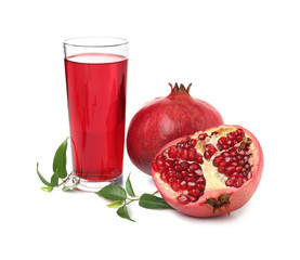 Glass of tasty pomegranate juice on white background