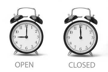Sign showing business opening hours Black and white image Isolated on white background