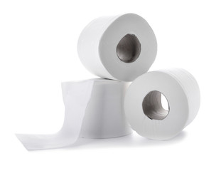 Rolls of toilet paper on white background