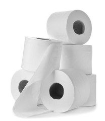Rolls of toilet paper on white background