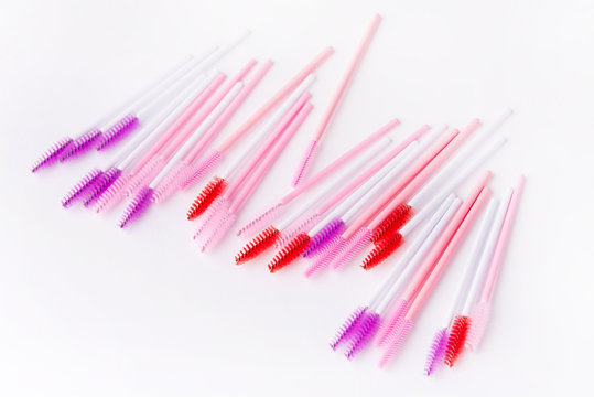 Brushes and tools for building and caring for eyelashes. On a white background. Materials for eyelash extension. Brushes, accessories for eyelash extensions.