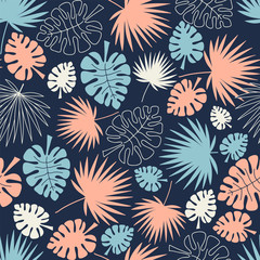 palm leaves tropical seamless background, leafy summer kids and nursery fabric textile print