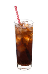 Glass of tasty soda with ice on white background