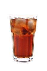 Glass of tasty soda with ice on white background