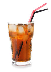 Glass of tasty soda with ice on white background