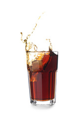 Glass of tasty soda with splash on white background