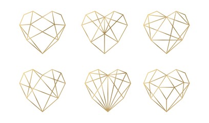 Luxury vector collection of polygonal hearts. Invitation template. Set geometric shape.
