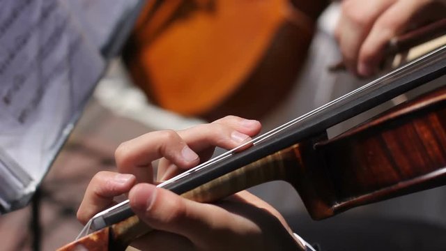 woman musician playing the violin in the notes background