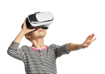 Cute boy with virtual reality glasses on white background