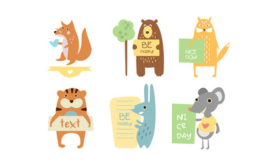 Fototapeta premium Lovely animals with banners set, cute fox, bear, cat, tiger, rabbit, mouse holding signboards with text, design elelment for greeting card, print, poster, banner vector Illustration