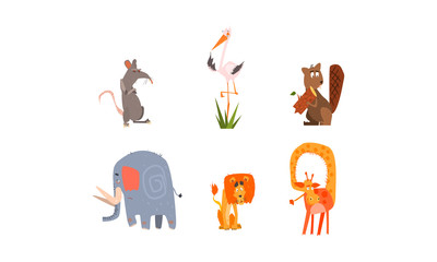 Collection of funny forest and African animals, mouse, heron, beaver, elephant, lion, giraffe vector Illustration on a white background