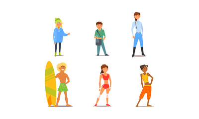 Different people, young and adult men and women characters of different appearance and hobbies vector Illustration