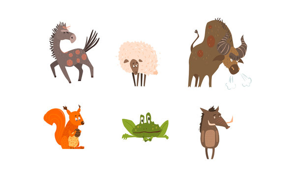 Collection of funny farm and forest animals, horse, sheep, bison, squirrel, frog, boar vector Illustration