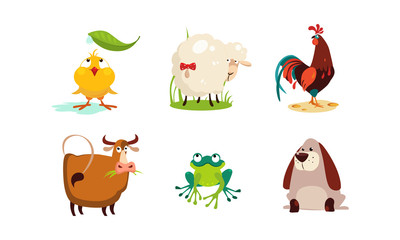 Cute cartoon animals set, chicken, sheep, cock, cow, frog, dog vector Illustration