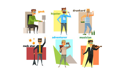 Male charactes set, people hobbies, professions and lifestyles, geek, hipster, drunkard, rockstar, adventurer, musician vector Illustration