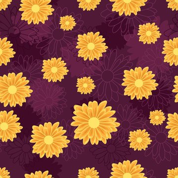 Seamless pattern with orange daisy flowers on dark violet background