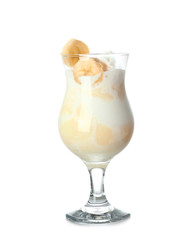 Glass of tasty banana milkshake on white background