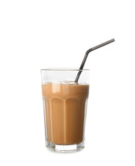 Glass of tasty coffee milkshake on white background