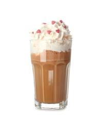 Glass of tasty coffee milkshake on white background