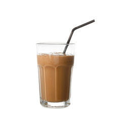 Glass of tasty coffee milkshake on white background