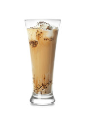 Glass of tasty coffee milkshake on white background