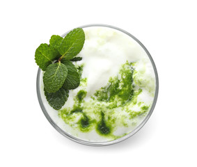 Glass of tasty milkshake on white background