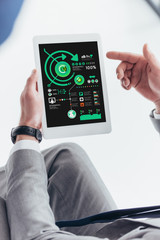 partial view of businessman using digital tablet with charts and graphs on screen