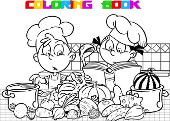 The vector illustration shows how funny children cook food in the kitchen. Boy and girl want to learns how to cook vegetables and reads a cookbook with recipes. Done in the black white outline.