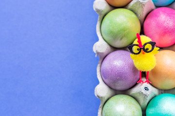 Multicolored easter eggs in a box with cute yellow chick. Top view on blue background.