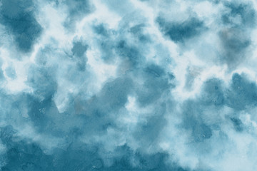 Colorful winter blue ink and watercolor textures on white paper background. Paint leaks and ombre effects. Hand painted abstract image.