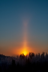 cold sunrise in winter forest with sun light pillar