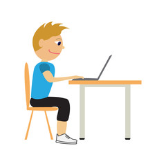 Young man working on the computer. Flat vector illustration in cartoon style.