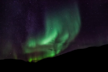 Amazing Aurora Borealis in North Norway (Kvaloya), mountains in the background