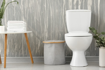 Modern interior of restroom with ceramic toilet bowl