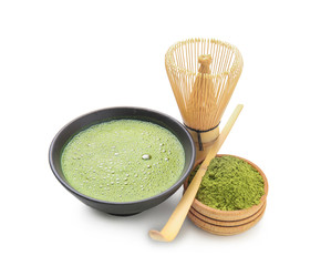 Composition with matcha tea on white background