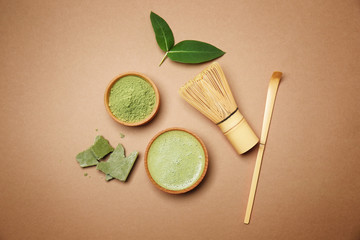 Composition with matcha tea on color background