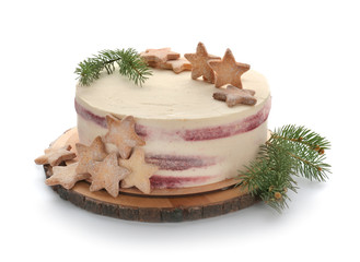 Sweet Christmas cake on white background