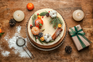 Sweet Christmas cake on table