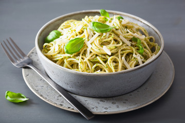 spaghetti pasta with avocado basil pesto sauce