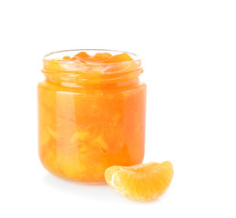 Fototapeta na wymiar Jar of tasty tangerine jam on white background