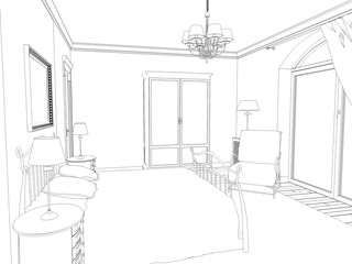 bedroom, contour visualization, 3D illustration, sketch, outline