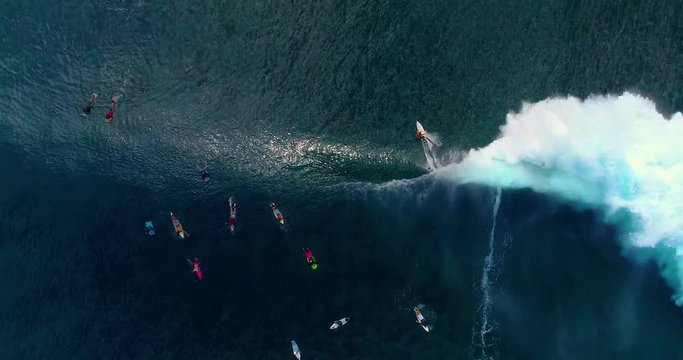 surfing in aerial view, teahupoo papeete french polynesia