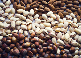 Assorted mixed nuts, almond, hazelnut, walnuts, pistachios.