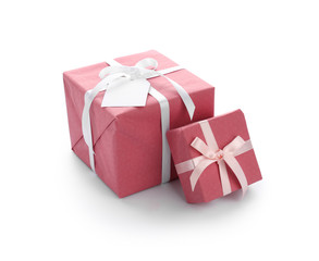 Festive gift boxes on white background