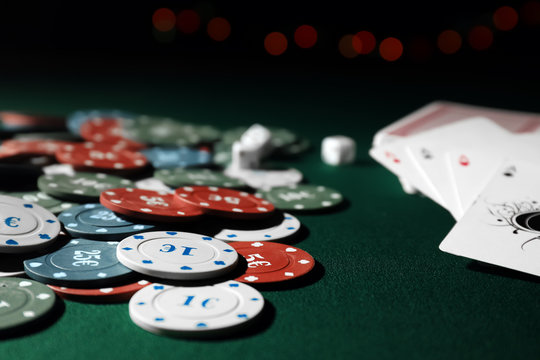 Chips and cards on table in casino